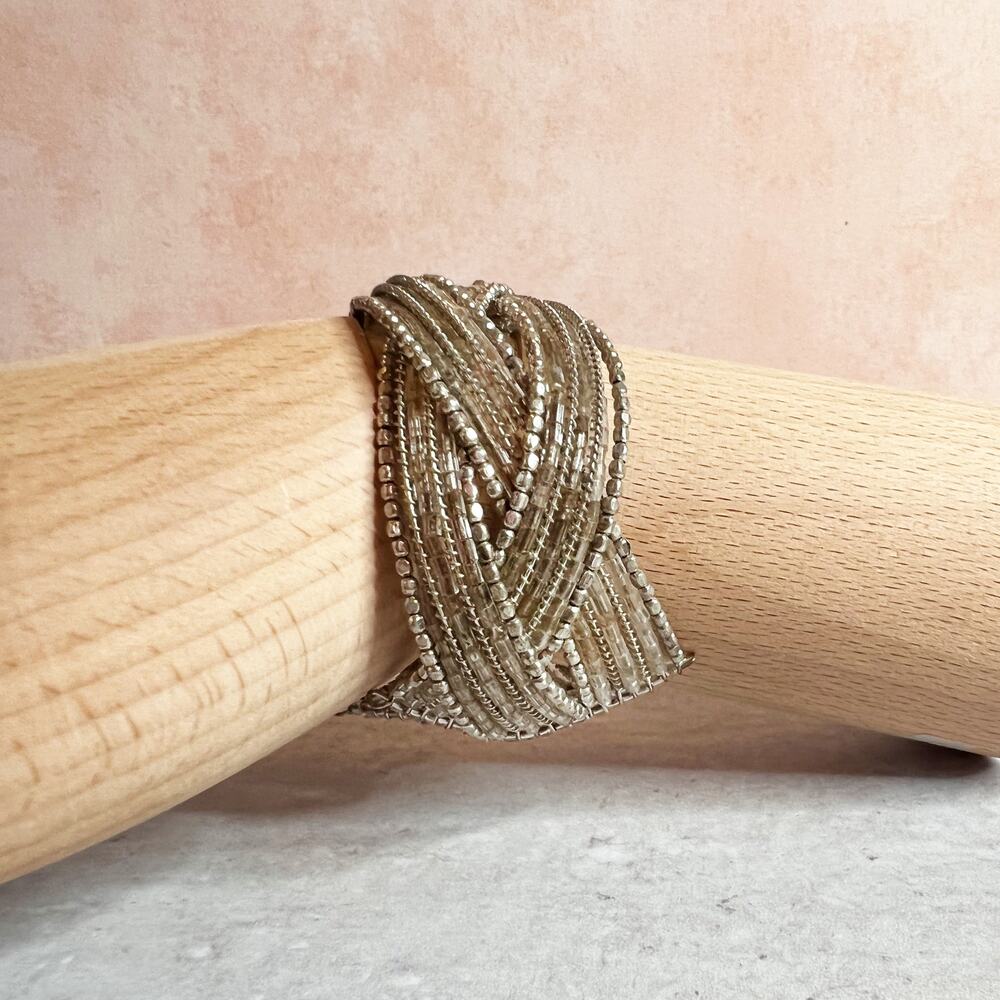 Silver beaded bracelet tension fit sparkle cuff braided One Size